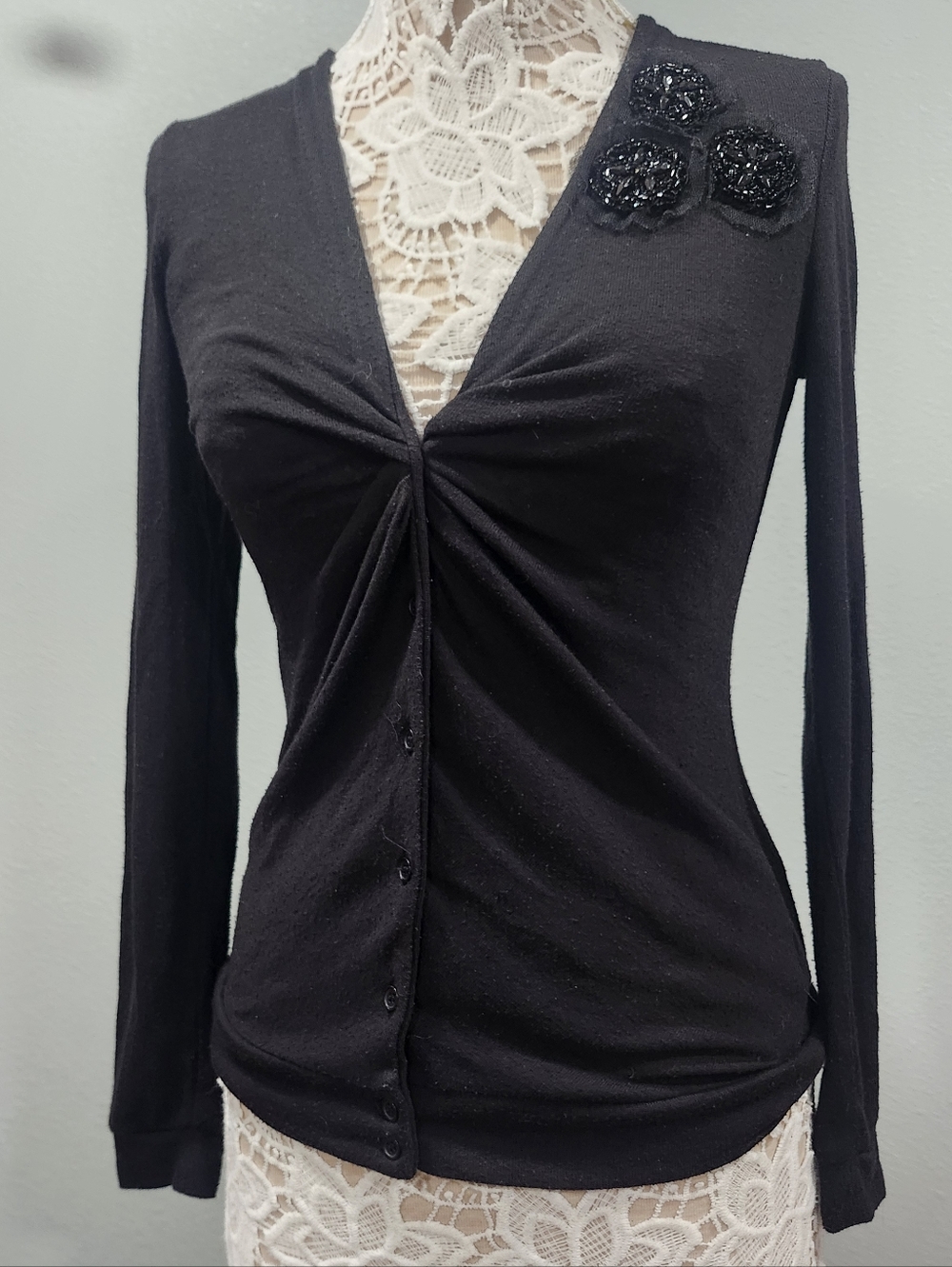 Black Twist-Front Long Sleeve Cardigan w/ Beaded Flower Detail